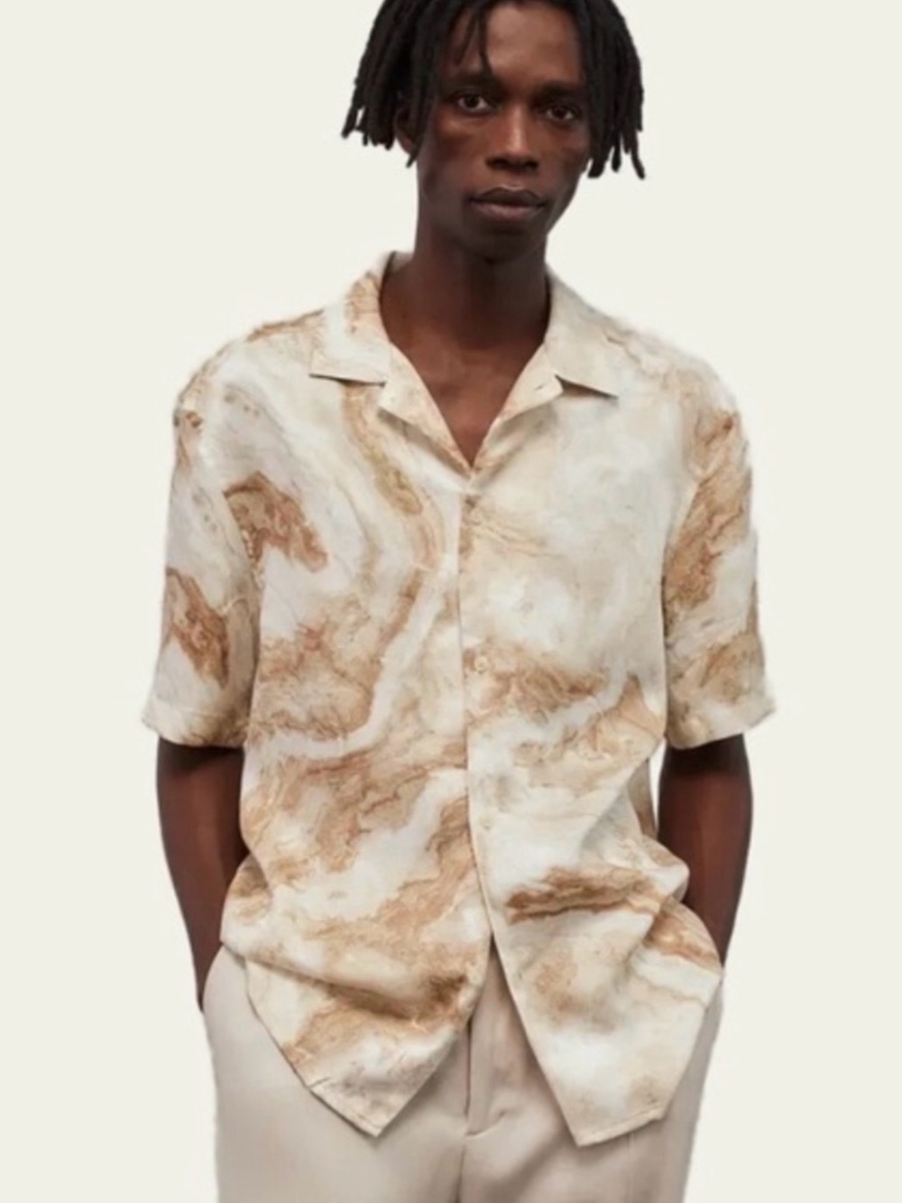 H&M Marble-Print Short Sleeve Button Shirt in Cream & Tan Mens XL